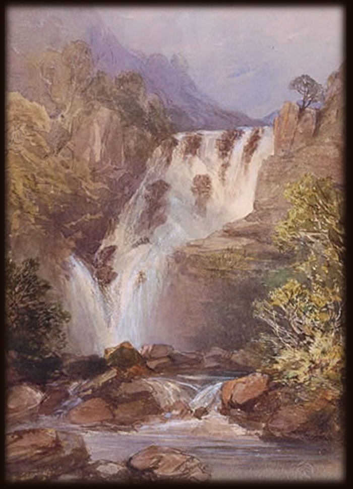 19th century painting of "Torc Waterfall" -- the site of the legend -- by local Mary Balfour Herbert.