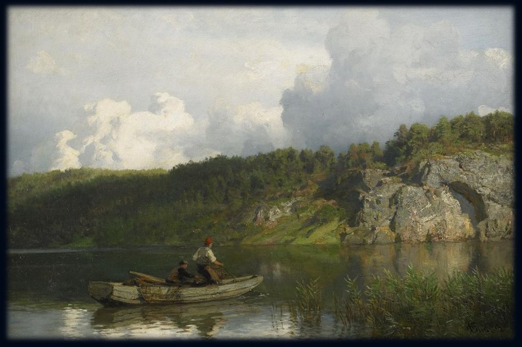 19th century painting of a rowboat on a Norse lake