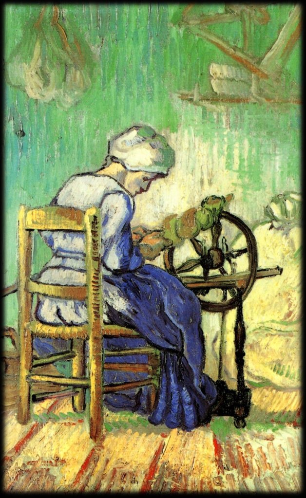 19th century painting of a woman at a spinning wheel
